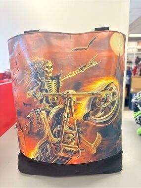Orange Skeleton Biker Graphic Tote Bag with Black Straps